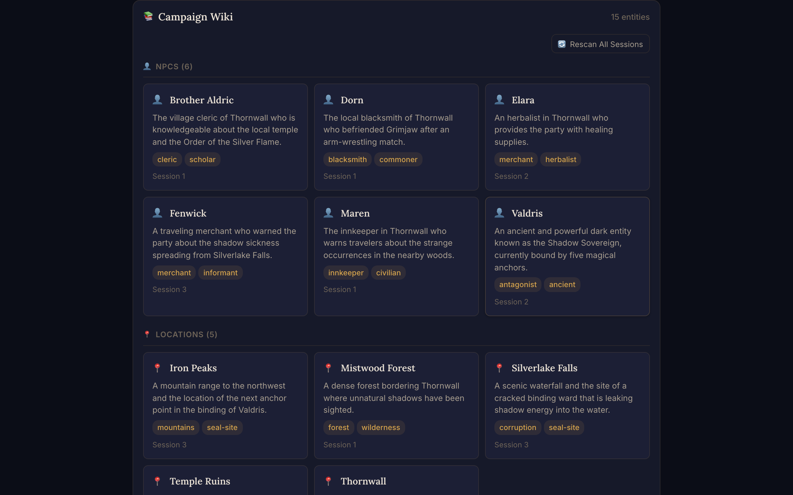 Campaign Wiki showing NPCs, locations, and items extracted from notes